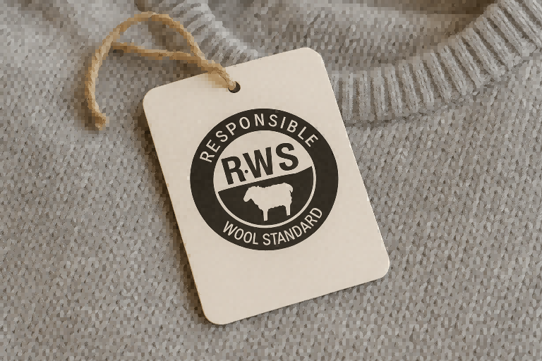 A tag with the Responsible Wool Standard (RWS) logo on a merino wool sweater
